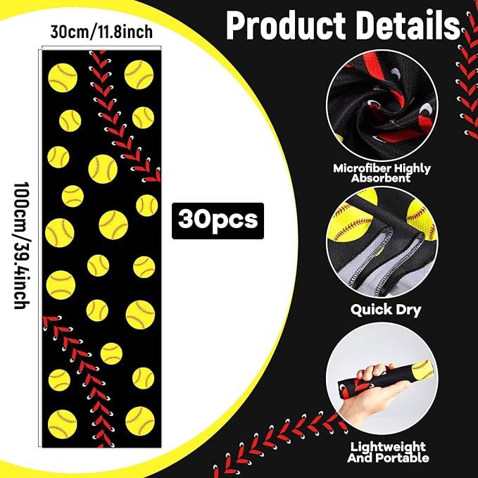30Pcs Baseball Softball Cooling Towels for Neck and Face 40 x 12 Inch Baseball Sports Team Gifts Microfiber Breathable Workout Ice Towel Sweat Chilly Bulk Neck Wraps for Athletes Gym Camping Black