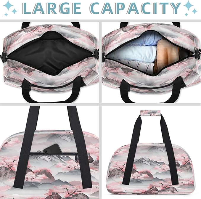 Travel Duffle Bag, Pink Cherry Blossom Mountains Waterproof Weekender Overnight Bags for Women Men Lightweight Carry on Duffle Gym Bag for Travel, Sports, Fitness, Workout