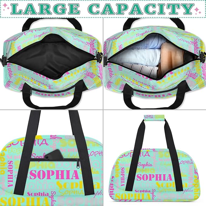 Personalized Ballet Dance Bag for Girls, Custom Name Gym Sport Duffle Bag, Cheerleader Bags for Travel Weekender Overnight, Mint Green Pink