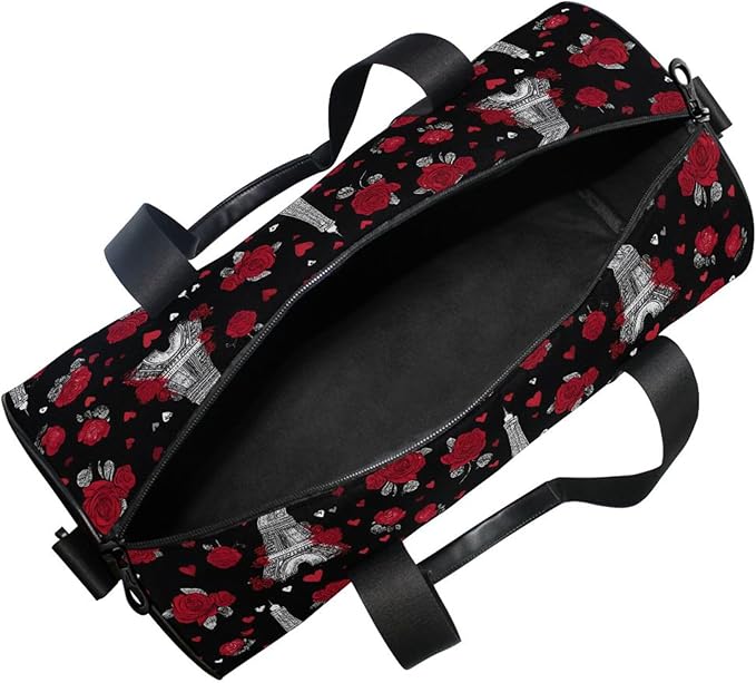 MNSRUU Sports Duffel Bags, Eiffel Tower Rose Athletic Gym Bag Overnight Workout Travel Tote Luggage for Men Women Yoga