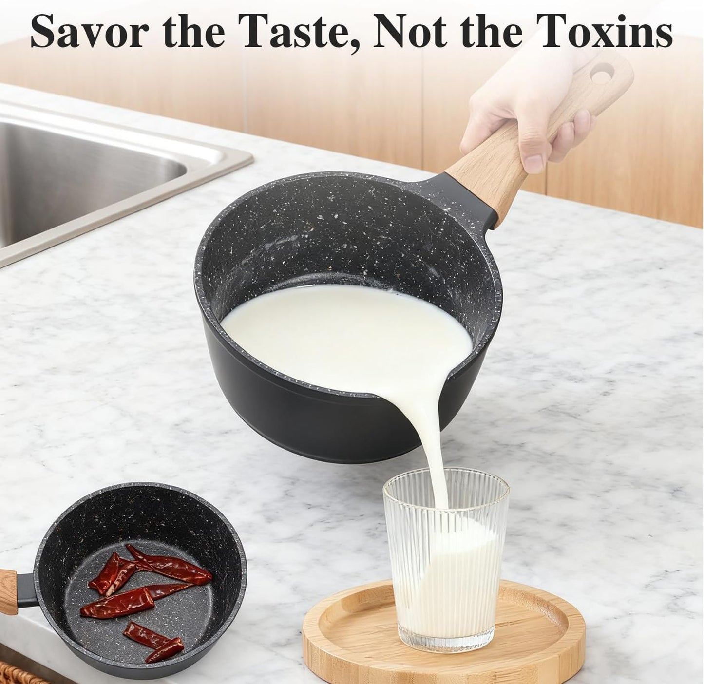 Nonstick Cookware Set, 2-Piece Non-Toxic Coated 8.5 Inch Frying Pan & Saucepan with Lid, PFOA Free Dishwasher Safe, Induction Compatible, Beginner Kitchen Pots and Pans Set, Black