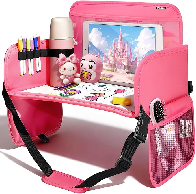 Leather Kids Travel Tray for Car - Car Seat Tray for Kids Travel, Road Trip Essentials, Carseat Table for Roadtrip Activities - Must Have Toddler Lap Desk Organizer for Airplane (Pink)