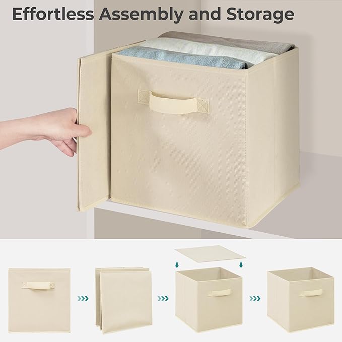 11 Inch Fabric Storage Cubes, Sturdy Foldable Storage Bins, Heavy Duty Cube Organizer for Clothes, Blankets, Shelves, Closets, Bedroom, Living Room, Beige, 10 Pack