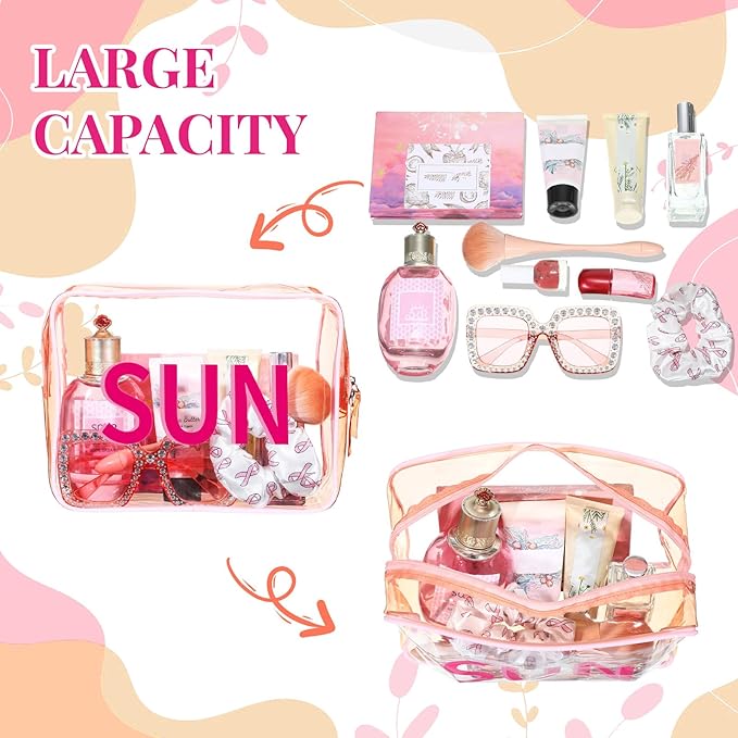 Sun Clear Beach Makeup Bag 9.5" x 7" x 3.5" Large Cosmetic Pouch Pink Travel Toiletry Bag PVC Waterproof Transparent Zippered Organizer for Women Girl Summer