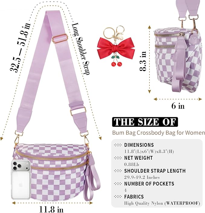 Checkered Crossbody Bag for Women, Spacious Sling & Stylish Bum Bag for Travel, Concerts, Festival, Nylon Fanny Pack Belt Bag (Colour Bum Bag-Purple Checkered)
