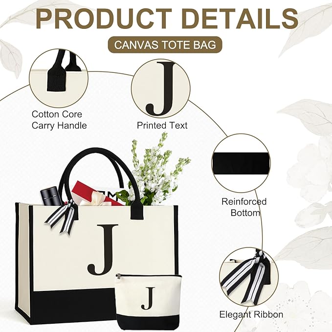 Personalized Canvas Tote Bag for Women Makeup Pouch Initial Beach Bag Removable Bottom Board for Travel Birthday