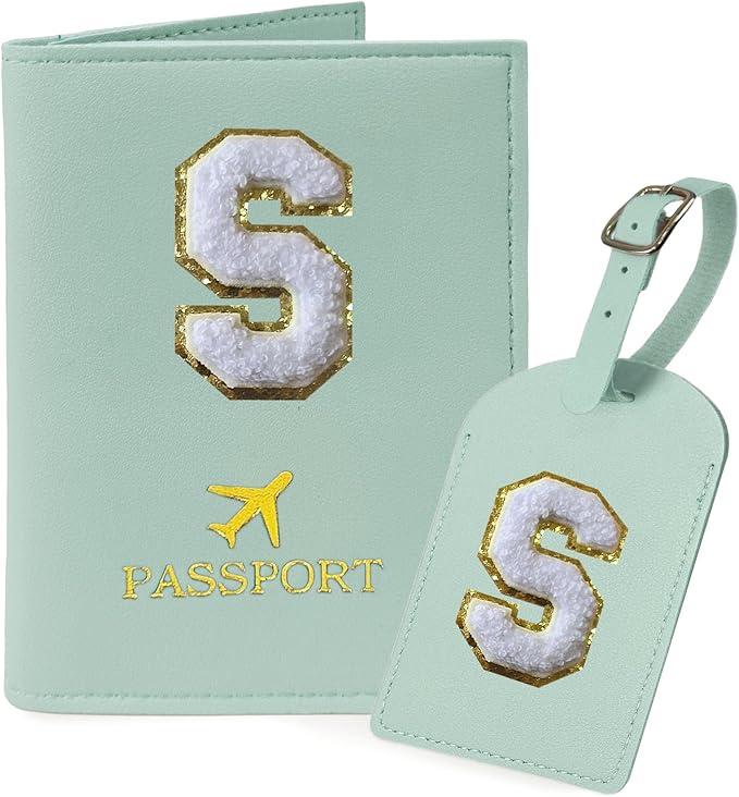 COSHAYSOO Green Passport Cover Holder and Luggage Tag Set TSA Approved with Initial Chenille Letter Patch A-Z for Women Teenage Girls, Vaccine Card Slot Travel Bag Suitcase Identifier (S)