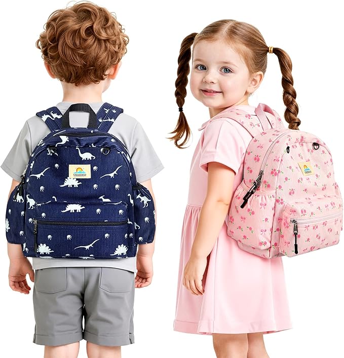 STEAMEDBUN Corduroy Toddler Backpack for Boys 2-4: Kids backpack for Boys Girls - 12 inch Preschool Kindergarten Backpacks - Car