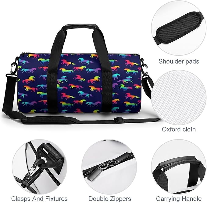 Gym Sports Travel Workout Bag Rainbow Horses Dance Gymnastics Bag Lightweight Carry On Bags Foldable Overnight Bags