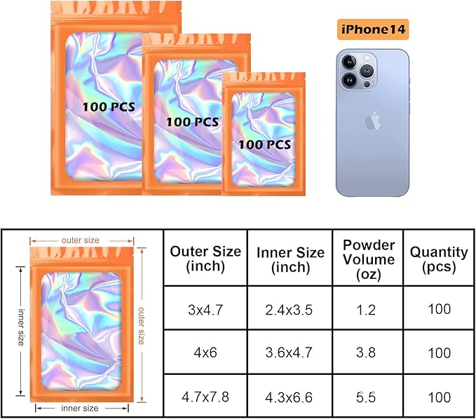 300 Pcs Holographic Mylar Bags, 3 Size Smell Proof Bags with Clear Window Foil Pouch Bags Resealable Bags for Small Business and Food Storage, Orange