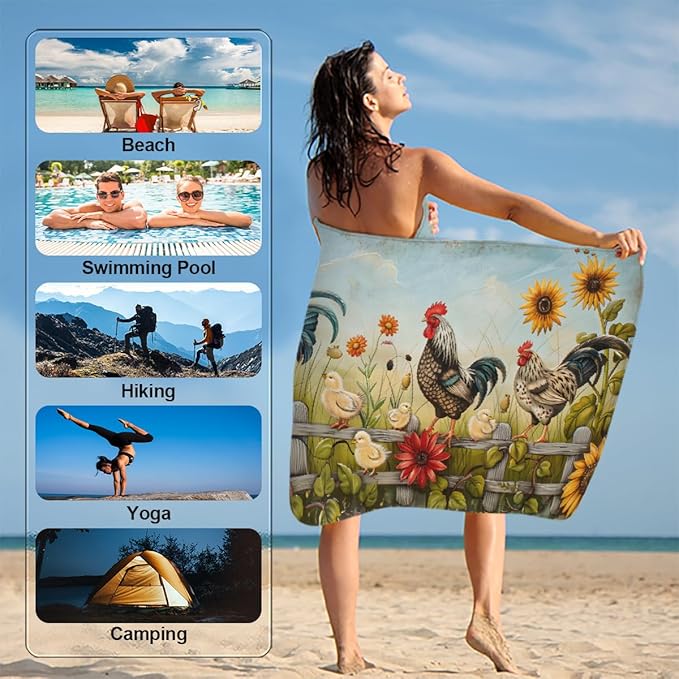 Rooster Sunflower Flowers Beach Towel, Large Microfiber Quick Dry Lightweight Pool Bath Towels Sand Free Beach Blanket for Summer Cruise Yoga Camping Travel Vacation Essentials 31 x 61 in