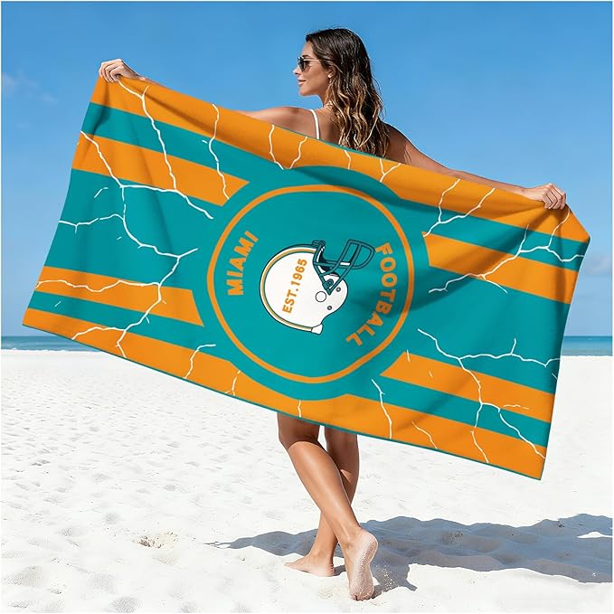 Football Fan Thin Lightweight Microfiber Beach Towel Miami Themed Large Sand Free Oversized Absorbent Men Women Gear Dolphins Team Dad Husband Guy Him Birthday Anniversary Personalized Unique Gift