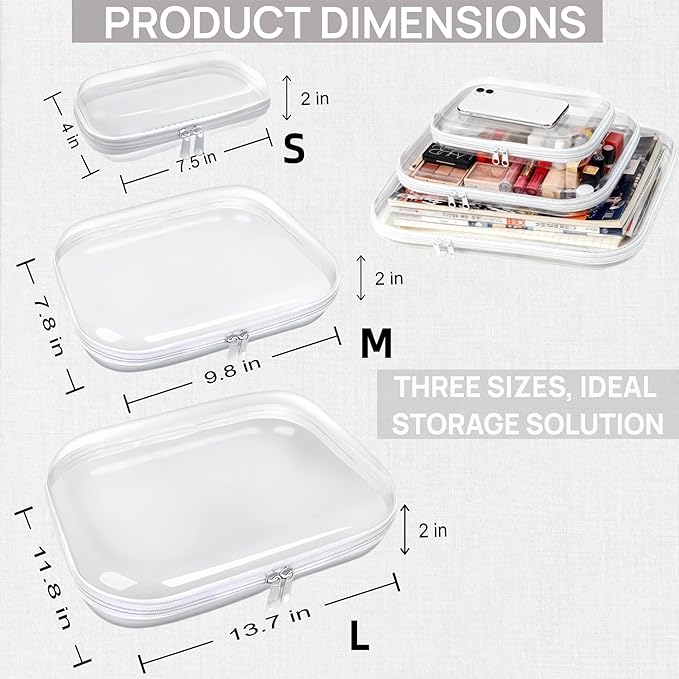 3PCS Clear Hard Plastic Zipper Case, Double Zippers Hard Pouch, Portable Travel Organizer Bin Clear Makeup Bag for Toy Storage, Snack Bag, Cosmetics, Pencil Case, Diaper Bag, Toiletry Bag (1M+2S)