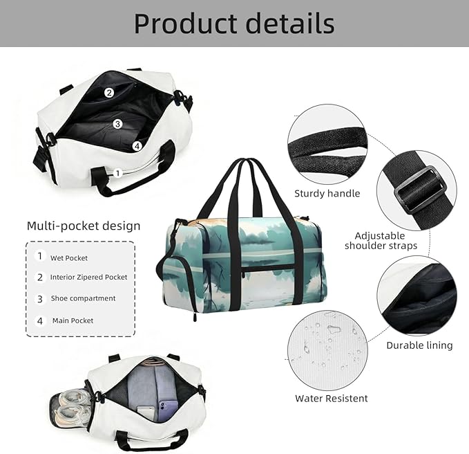Fallen leaves on lake Print Gym Bag with Shoe Compartment for Women Men, 17.7in Sports Duffle Weekender Tote, Overnight Travel Duffel Bag Carry On