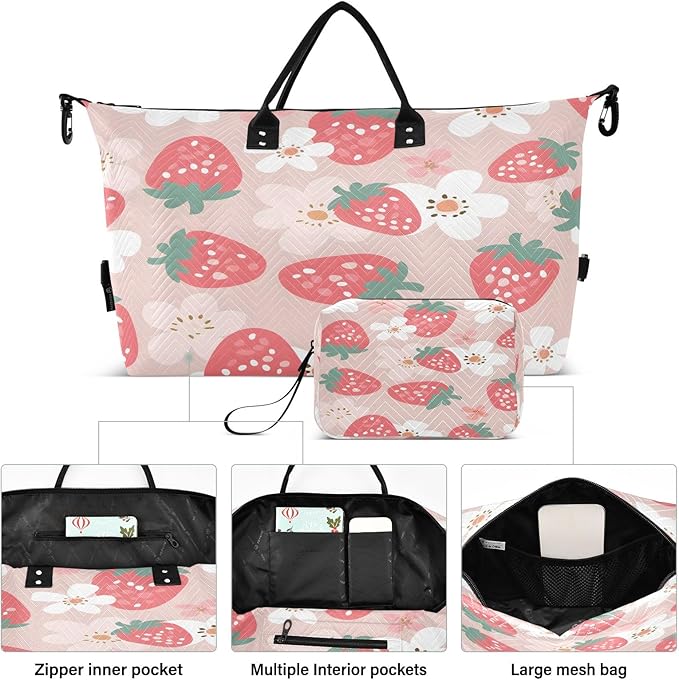 Pink Strawberr White Flower Pattern Travel Duffle Bag Gym Yoga Carry on Bags for Men Women Weekender Bag
