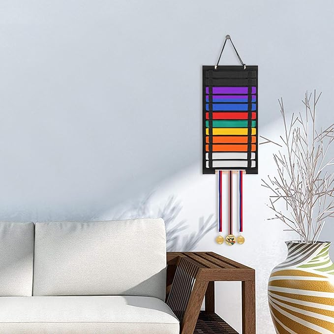 Karate Belt Display Rack, Taekwondo Belt Display Holder with Bamboo Medal Rack, Jiu Jitsu Belt Hanging Holder, Felt Martial Arts Belts Organizer for Taekwondo, Karate, BJJ Learners