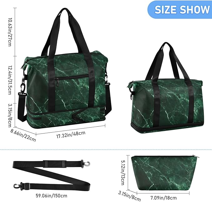Travel Duffel Bags for Women Emerald Green Marble Print Sports Duffel Bags Gym Bags with Shoes Compartment Tote Bag Weekender Bag for Travelling