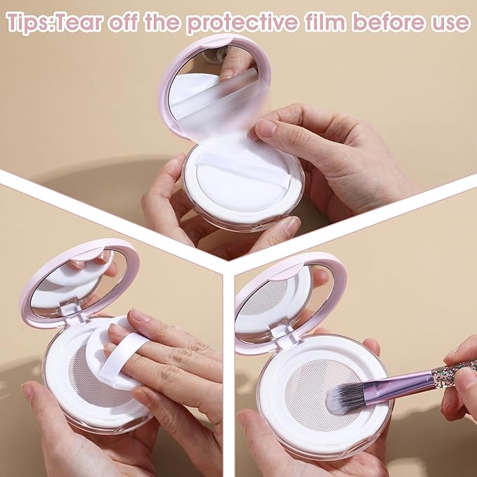 2 Pcs Loose Powder Container with Puff Refillable Plastic Empty Travel Compact with Mirror Portable Empty Makeup Powder Container Loose Compact Case (Pink Silver)