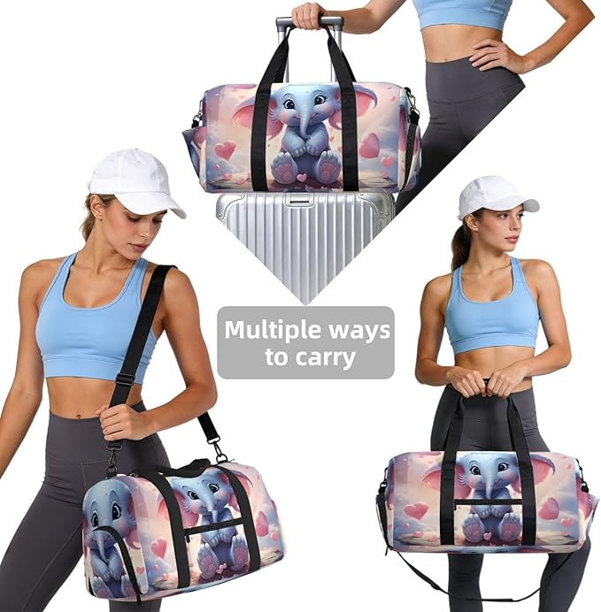 Sports Gym Bag Cartoon Elephant Travel Duffel Bag With Shoe Compartment Shoulder Strap, Lightweight Water-Resistant Weekend Overnight Totes For Women Men