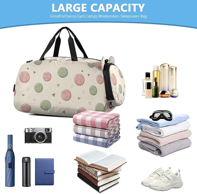 Tennis Balls Print Kids Sports Duffle Bag for Boys Girls Toddler Weekender Overnight Bag with Shoe Compartment & Wet Pocket Travel Foldable Bag for Gym Sport Dance Travel