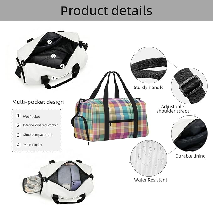 Spring Easter Pastel Plaid Tartan Women'S Gym Duffle Bag With Shoes Compartment, Ideal For Travel, Gym, Sports, Duffel, Weekender