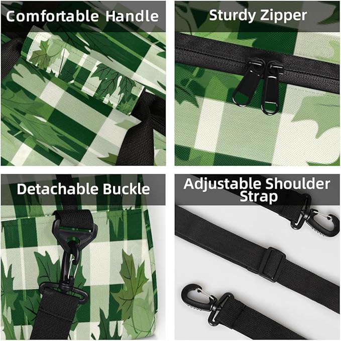 Sports Duffel Bags, Green Checkered Maple Leaves Water-Resistant Gym Duffle Bag for Men Women, Lightweight Weekender Overnight Bag for Fitness, Workout, Travel