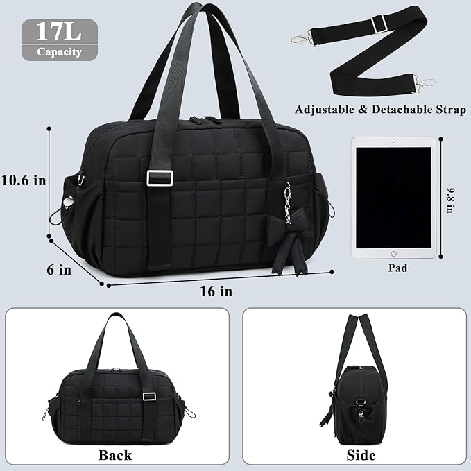 CAMTOP Mini Gym Bag for Women, Small Gym Tote Bag Puffy Quilted Sports Duffel Bag with Wet Compartment and Coin Purse Duffel Bags Dance Yoga Workout Bag for Gifts (Black, Medium-16")