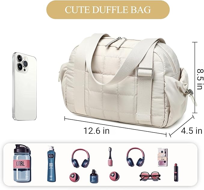 CAMTOP Mini Gym Bag for Women, Small Gym Tote Bag Puffy Quilted Sports Duffel Bag with Wet Compartment and Coin Purse Duffel Bags Dance Yoga Workout Bag for Gifts (Beige, Mini-12.6")