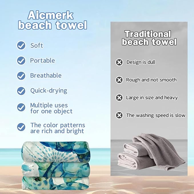 Turtle Beach Towel - 35x70 Inch Fast Dry Microfiber Towel, Lightweight & Versatile for Beach, Pool, Yoga, Travel, Ideal as Beach Blanket & Vacation Essential