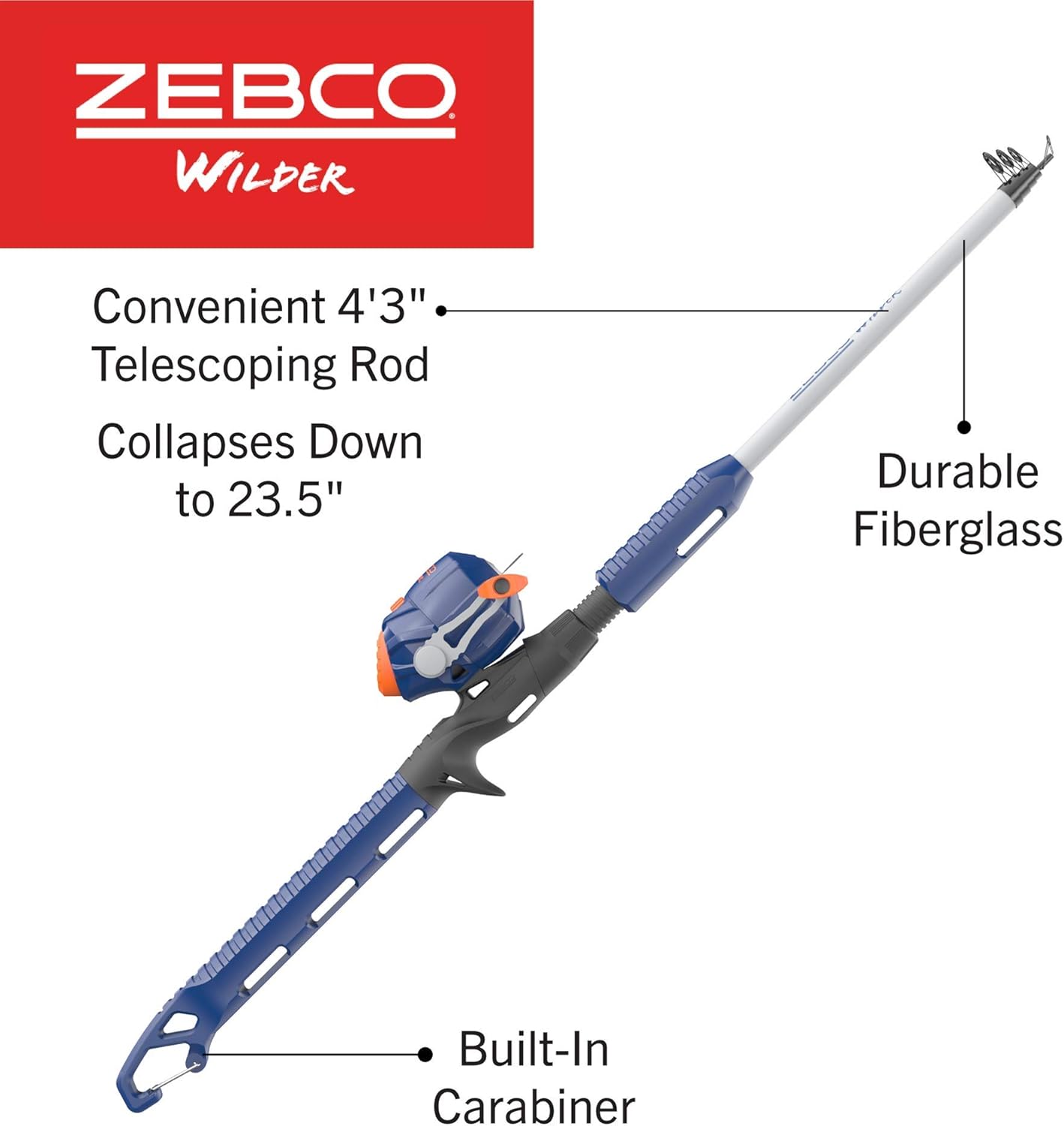 Zebco Wilder Fishing Reel and Rod Combo, 4'3" Durable Fiberglass Rod with Built-In Carabiner, Patented No-Tangle Reel, Pre-Spooled with 6-Pound Zebco Cajun Fishing Line, Blue/Orange
