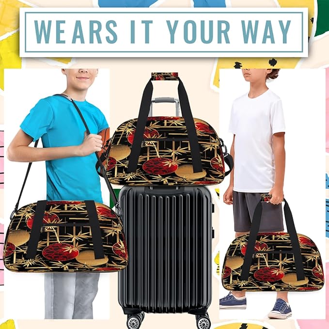 Duffle Bag for Women Men, Red Bamboo Pattern Gym Bag for Travel Sports, Lightweight Waterproof Weekender Overnight Bags with Adjustable Strap