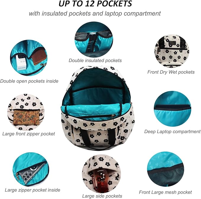 Diaper Bag Backpack, Large Capacity Multifunction Baby Essentials Fashion Travel Pack Linen Canvas office Laptop Bag (Corduroy Black Flower)