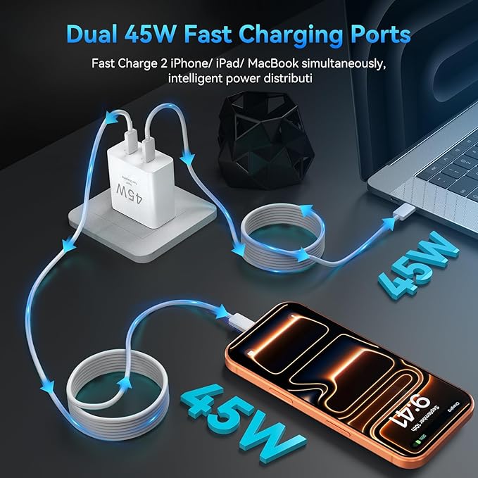 USB C iPhone Fast Charger,45W USBC Type C Charger with Long 10 FT USB C Fast Charging Cable Cord, Dual USB C Phone Charger Block for iPhone 17 Pro Max/17 Pro/Air/17/16/16 ProMax/Plus/S24/S25/S26