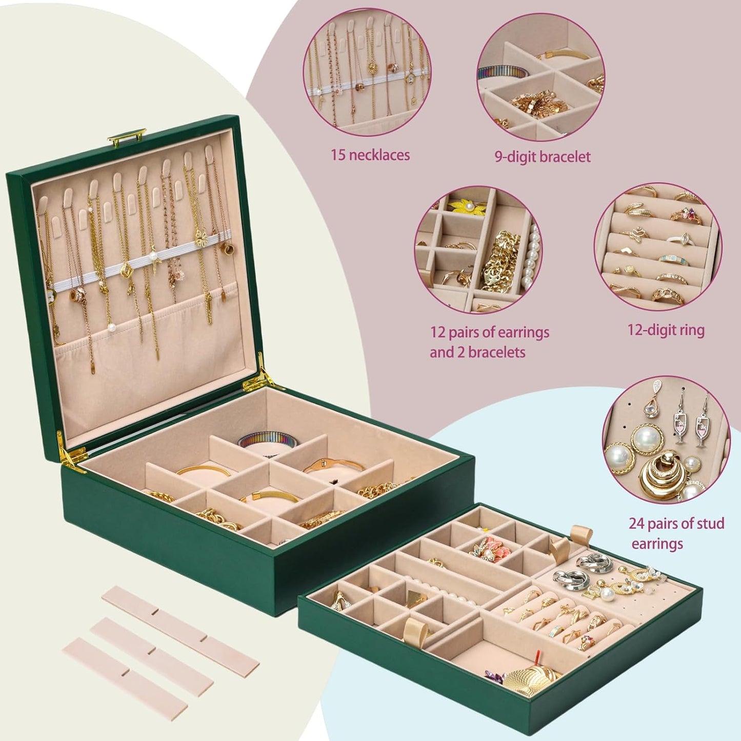 2-layer jewelry box，Jewelry Organizer with Handle，with hanging necklace hooks, detachable jewelry trays, suitable for storing a large amount of jewelry gift box (Large-Green)