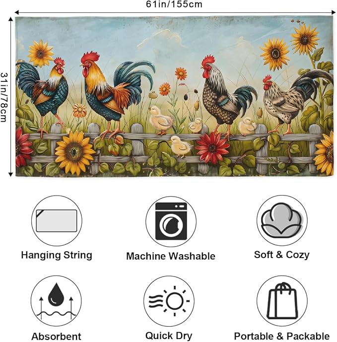 Rooster Sunflower Flowers Beach Towel, Large Microfiber Quick Dry Lightweight Pool Bath Towels Sand Free Beach Blanket for Summer Cruise Yoga Camping Travel Vacation Essentials 31 x 61 in