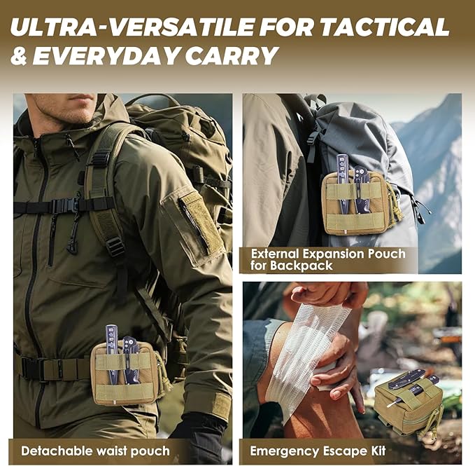 2 Pack Mini Tactical EDC Molle Pouch with 4 D-Rings, Compact Utility Belt Pouches Organizer with Removable Clear ID Pocket for Enhanced Gear Attachment (4x4 GP Pouch)