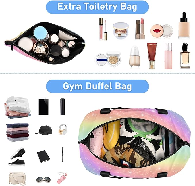 Travel Duffel Bags for Women Glitter Rainbow Gradient Sports Duffel Bags Gym Bags with Shoes Compartment Tote Bag Weekender Bag for Travelling