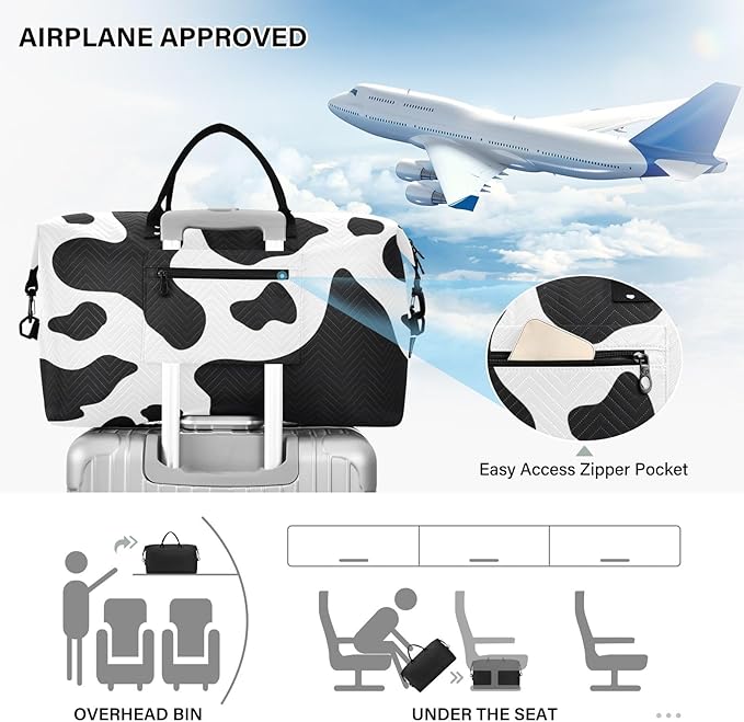 Travel Duffle Bag, Cow Skin Print Gym Bag with Storage Bag Weekender Overnight Bag for Men Women Trip Sports Yoga
