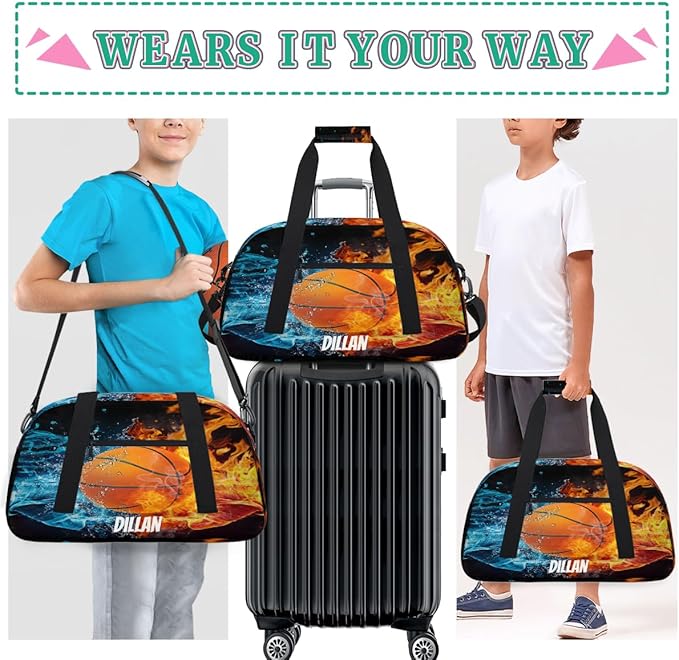 Custom Name Sports Bag for Kids Boys, Personalized Gym Duffel Fitness Travel Weekender Tote Carry-On Training Perform Bag Soccer Fire