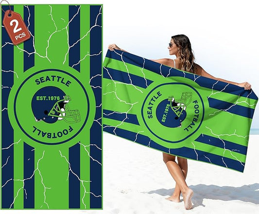 2 Pack Football Fan Thin Lightweight Microfiber Beach Towel Seattle Themed Quick Dry Absorbent Packable Oversized Towels Men Women Gear Seahawks Team Dad Husband Guy Him Christmas Cool Useful Gifts