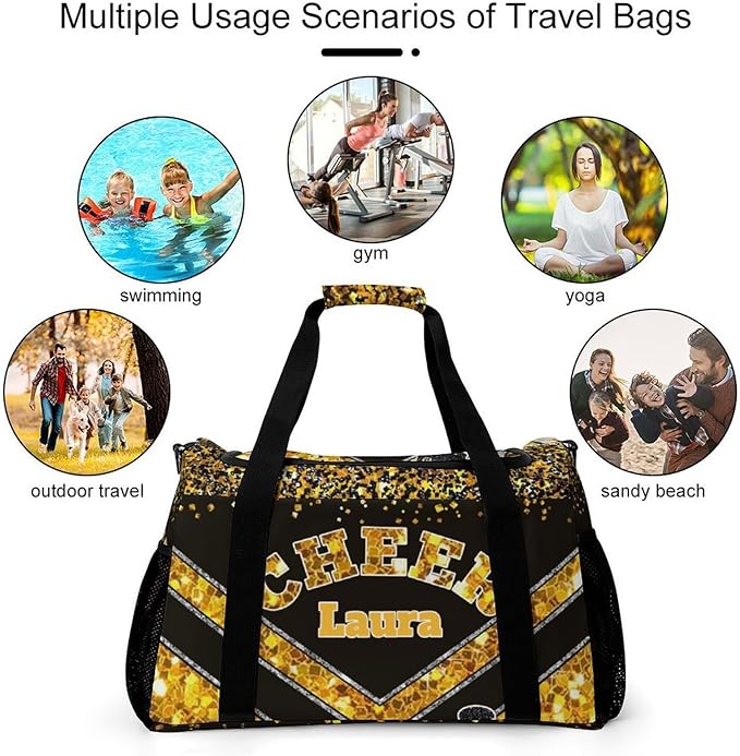 Personalized Cheer Bag Gifts for Girls Sport Cheerleading Gym Travel Duffel Bag Overnight Weekender Bags with Name (Golden)