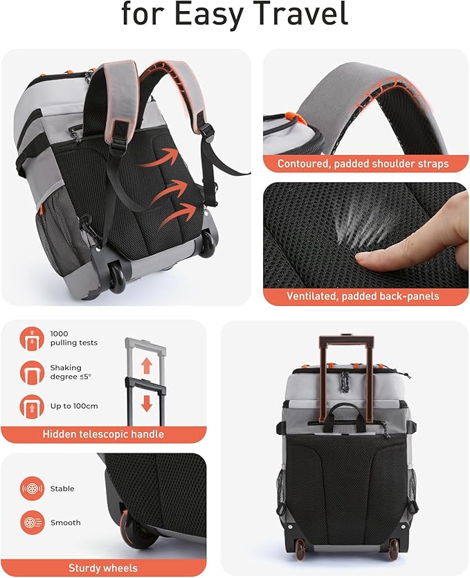 TOURIT 50-Can Rolling Backpack, Double Deck & Dual-Bar Handle Travel Soft Cooler Bag with Wheels, 30L Space Beach Cooler Size 18"(15"+3")×13"×11"