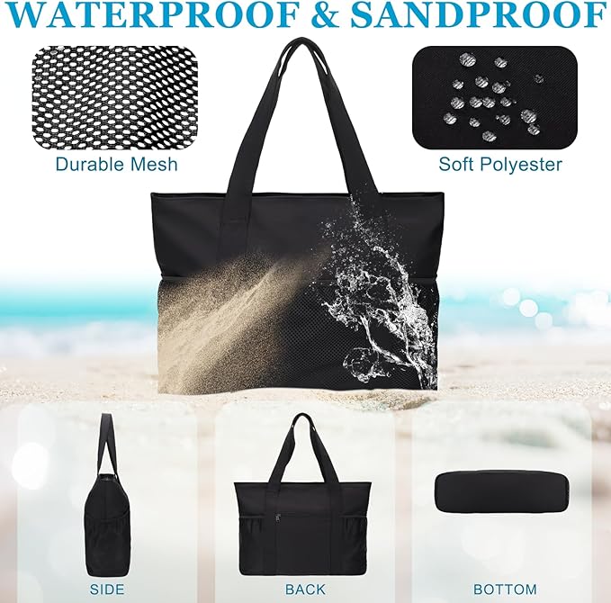 VASCHY Beach Bag for Women, Foldable Waterproof Sandproof Beach Tote with Zipper/Mesh Pockets for Vocation/Cruise/Gym/Travel