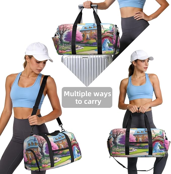 Unicorn Fairy Tale Print Gym Bag with Shoe Compartment for Women Men, 17.7in Sports Duffle Weekender Tote, Overnight Travel Duffel Bag Carry On