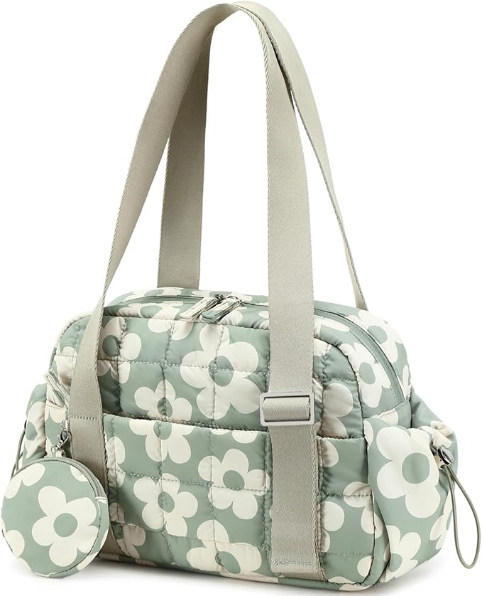 CAMTOP Mini Gym Bag for Women, Small Gym Tote Bag Puffy Quilted Sports Duffel Bag with Wet Compartment and Coin Purse Duffel Bags Dance Yoga Workout Bag for Gifts (Green Flower, Mini-12.6")