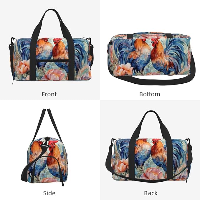 Sports Gym Bag Watercolor Floral Roosters Hen Flowers Travel Duffel Bag With Shoe Compartment Shoulder Strap, Lightweight Water-Resistant Weekend Overnight Totes For Women Men