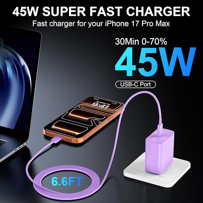 Phone 17 16 Pro Max Charger Fast Charging, 45W USB C Phone 17 16 Super Fast Charger Block with 6.6ft Long Type C Charging Cable Cord for i.Phone 17 Pro Max/17 Pro/17 Air/17/16/16Pro/16 ProMax-Purple