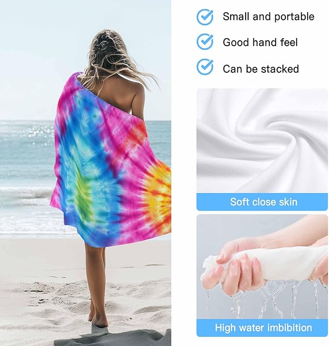 Abstract Tie-Dye Art Beach Towel 35" x 71" Pink Blue Yellow Watercolor Gradient Quick Dry Sand Free Pool Towels Soft & Absorbent Compact Towels Beach Accessories for Travel Bathroom Swimming Pool