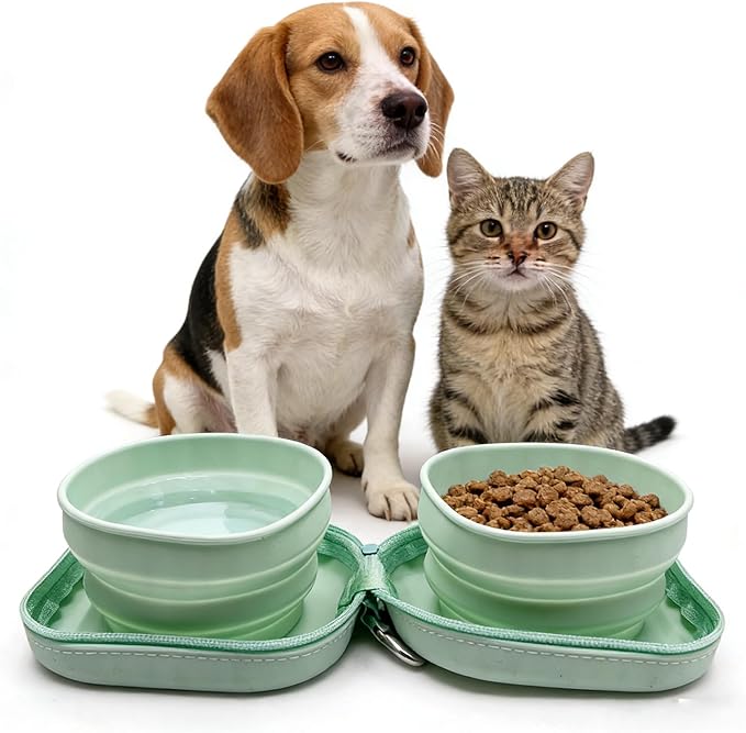 ZBBOPQ Portable Dog Bowl, Collapsible 2-in-1 Travel Dog Bowls with Carabiner Clip, Silicone Double Pet Food and Water Dish for Outdoor Camping and Hiking (Green)