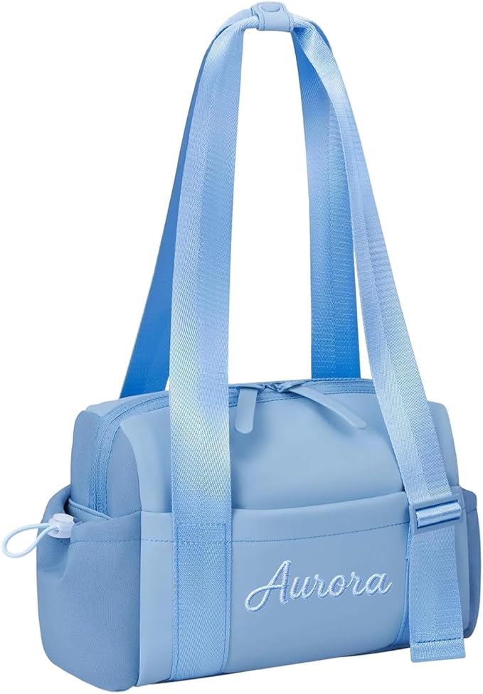 Personalized Mini Gym Bag for Women, Custom Embroidered Name Yoga Tote, Waterproof PU Fitness Duffle with Wet Compartment (blue duffle bag)
